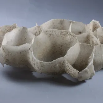 Thin, white rock mottled with gray. The rock has 11 pockets in it of various sizes, making it look like a misshapen egg carton.