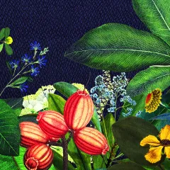 blue background with vibrant colored plants: green leaves with red, yellow, and blue flowers 