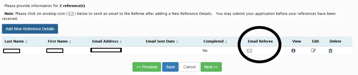 Screenshot of part of a web page. Text at the top says Please provide information for two references. Fields outlined in black are Last Name, First Name, Email Address. Circled in black is an envelope icon titled Email referee.