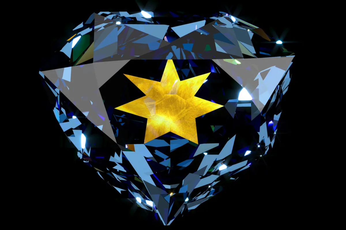 A heart-shaped blue diamond with seven-rayed yellow star in the middle