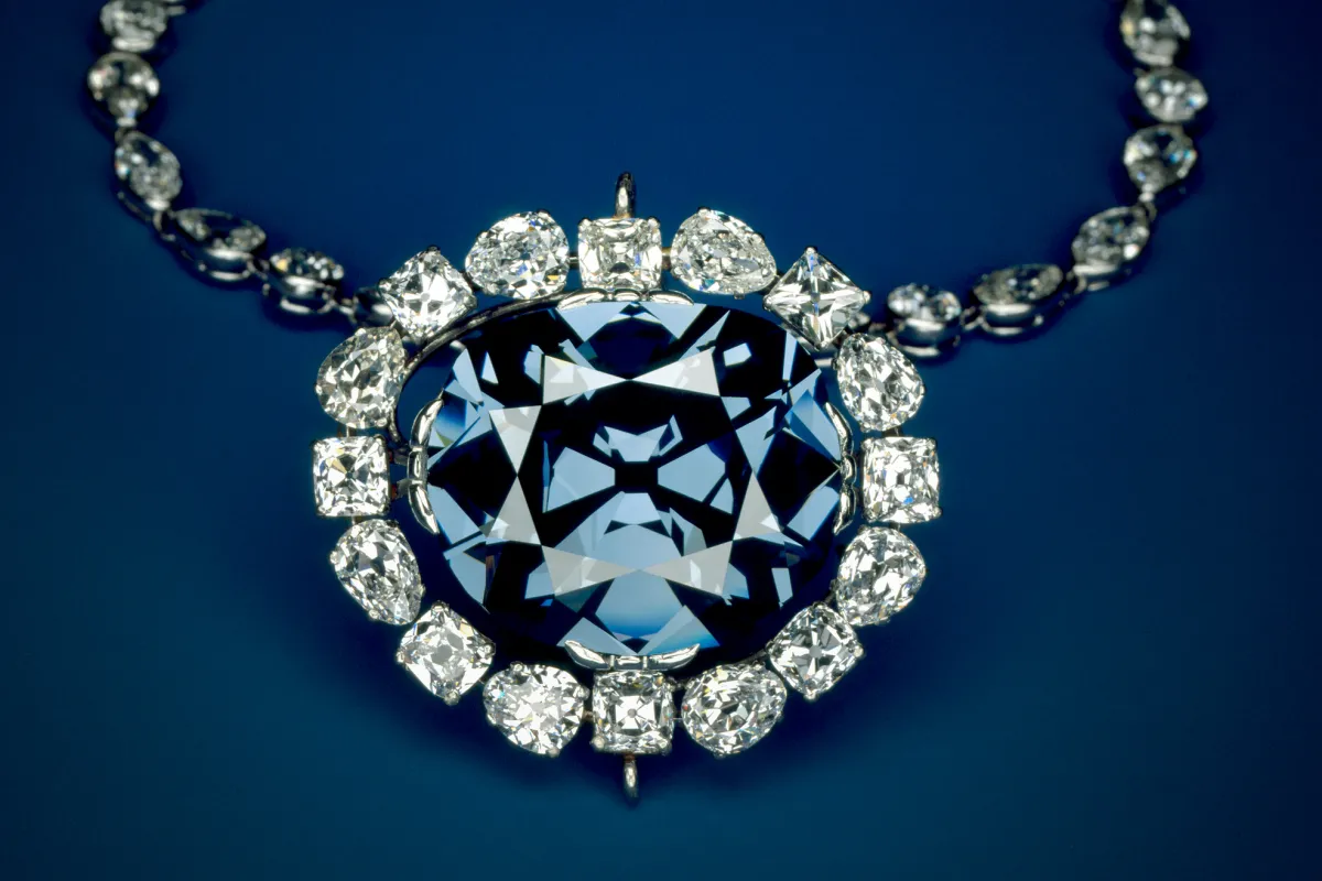 Close-up of the Hope Diamond, a large blue diamond mounted in a necklace