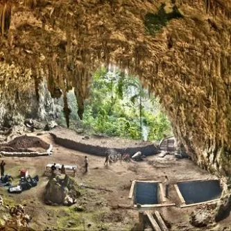 An archaeological dig site in the mouth of a cave
