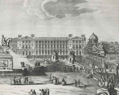 A plaza with statue and people in front of a neoclassical building