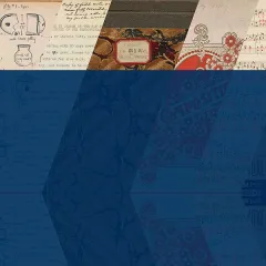 an array of archival materials in an arrow pattern with a blue strip at bottom