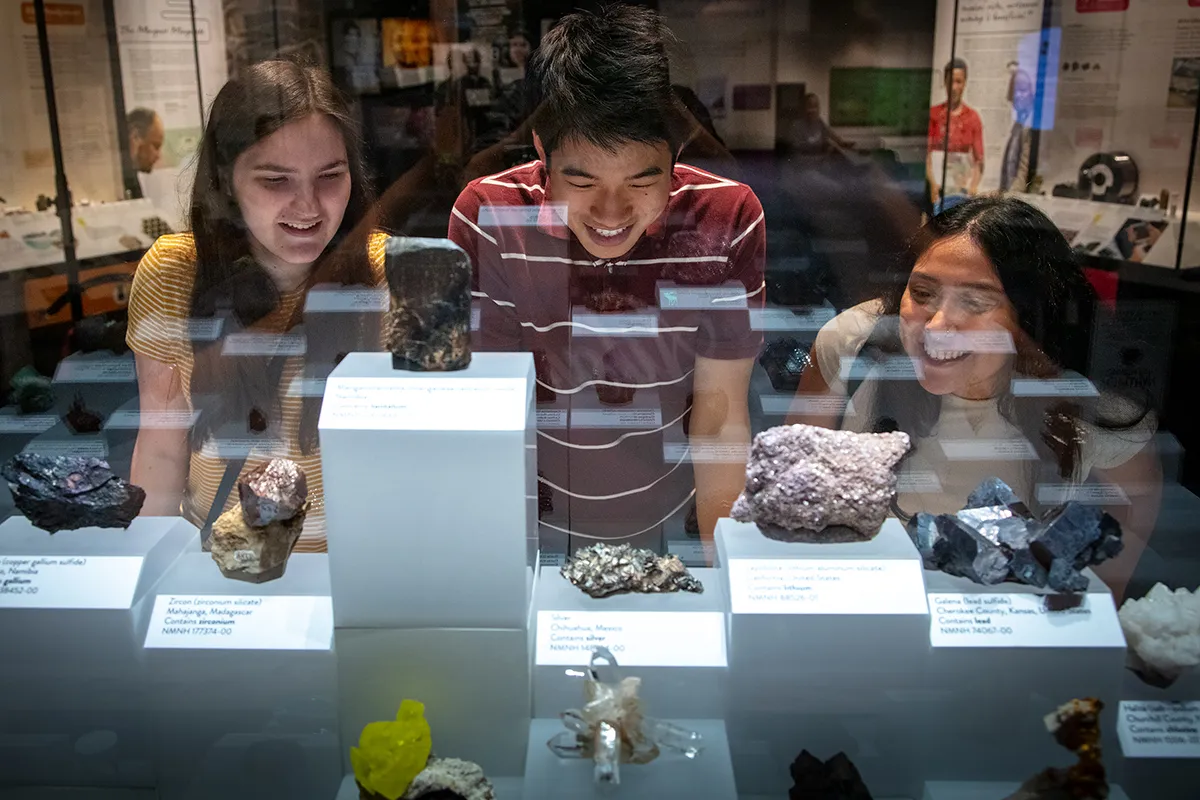 Three teenagers look into an exhibit case of minerals, as seen from through the case on the other side. There are eight minerals in the image, of various sizes and shapes and ranging in color from white to black.