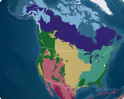 A map of north america with different biomes in different colors