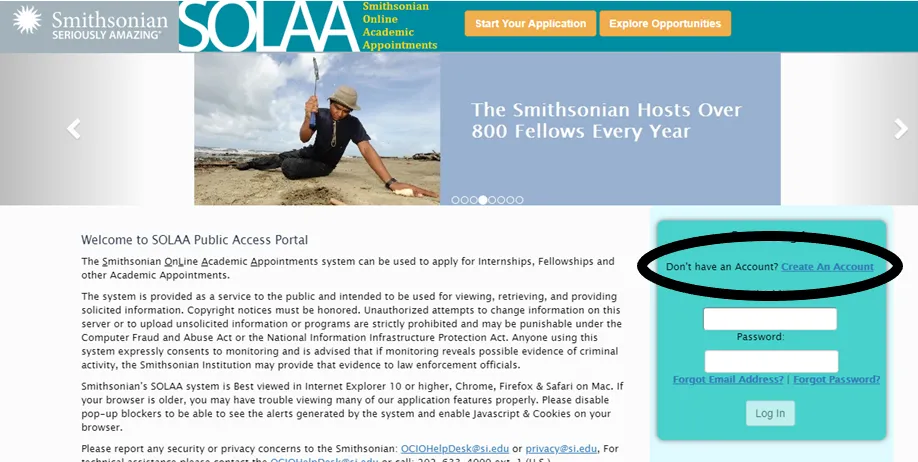 Screenshot of a web page titled Smithsonian Online Academic Appointments. There is a green box on the right side. In the box, the words Don't have an account? Create an account, are circled in black.